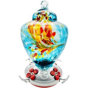 Hummingbird Feeder with Perch - Hand Blown Glass - Blue - 38 Fluid Ounces